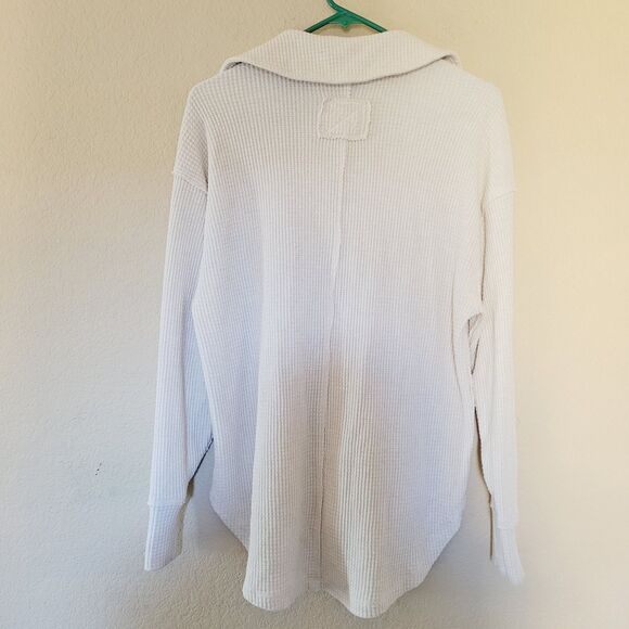 Aerie Sweater Womens XXS Beige Collared V-Neck Waffle Knit Oversized Long Sleeve - Picture 8 of 8